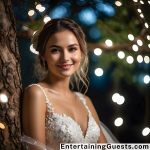 An image featuring a beautifully set garden with a floral archway, a DIY mimosa bar, elegantly wrapped gifts, and a group of guests painting on easels under soft, glowing string lights