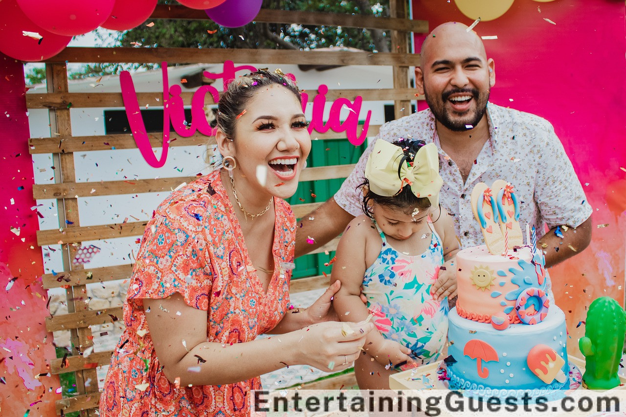 Ate a vibrant, lively scene of a backyard birthday party with guests laughing around a piñata, a magician performing tricks, a live band playing, and a table laden with colorful cupcakes and party favors